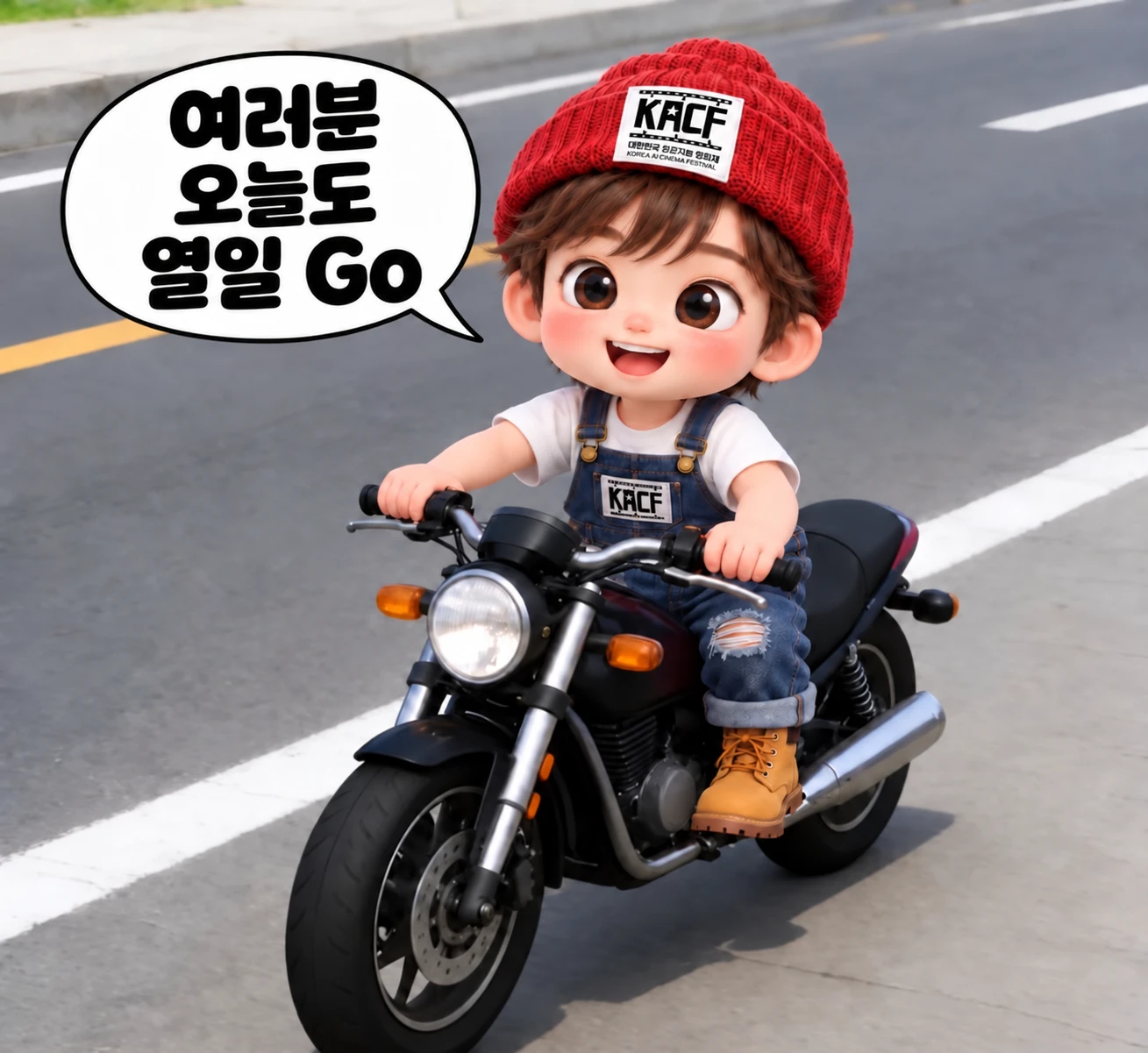 빨간 KACF 비니와 멜빵 청바지를 입고 오토바이를 탄 KACF 캐릭터